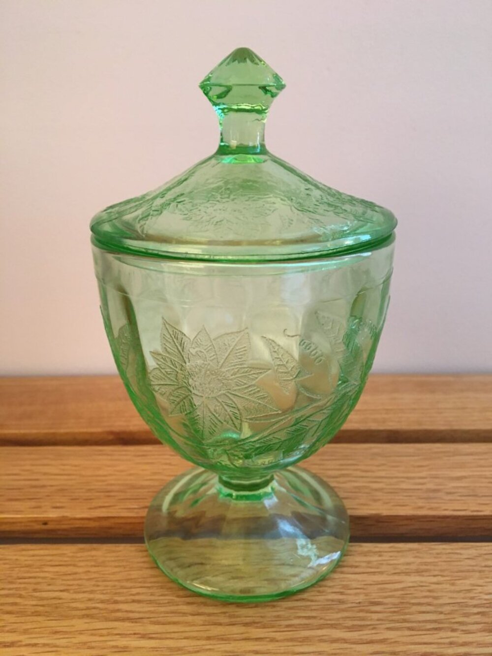 Green Depression Candy Dish w/ Lid--Poinsettia Pattern
